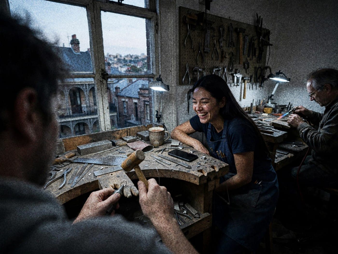 Friends making silver rings together at a jewellery workshop