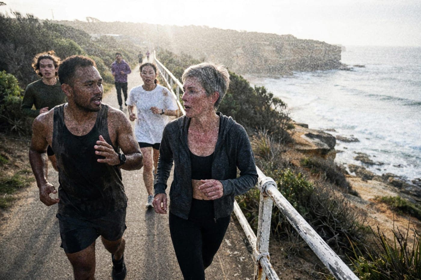 A run club chatting along a sandstone coastal walk