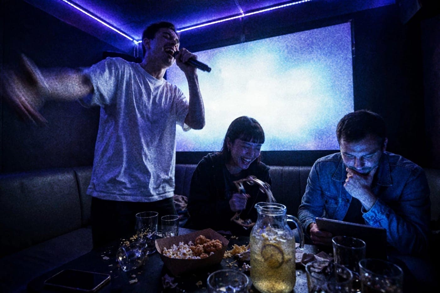 Friends at a private-room karaoke night, one belting into the mic